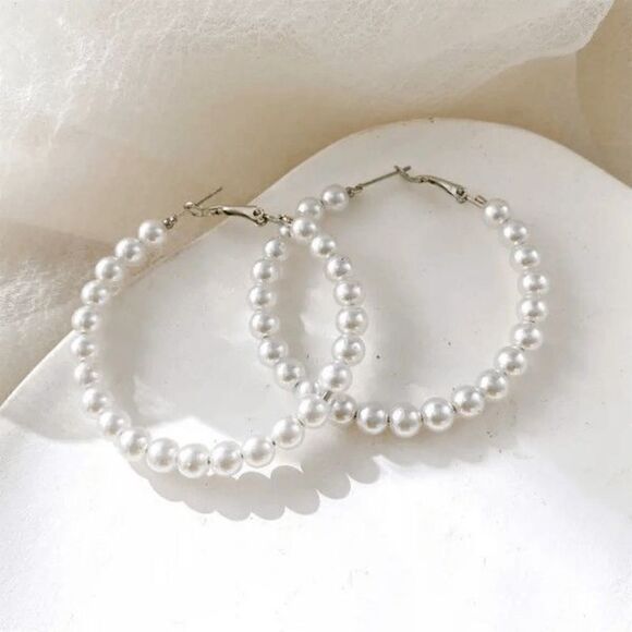 Pearl Silver Toned Hoop Earrings - Picture 1 of 6